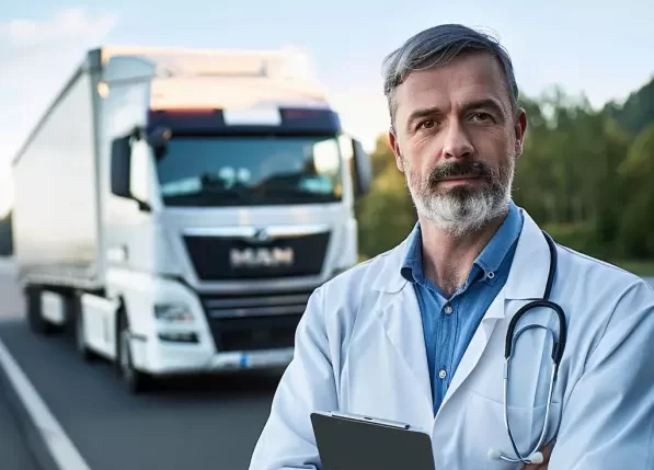 Doctor-standing-in-front-of-an-HGV-truck