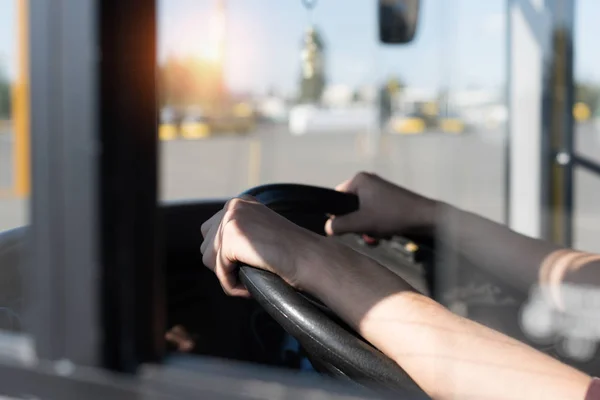 Driver holding a steering wheel from inside the car